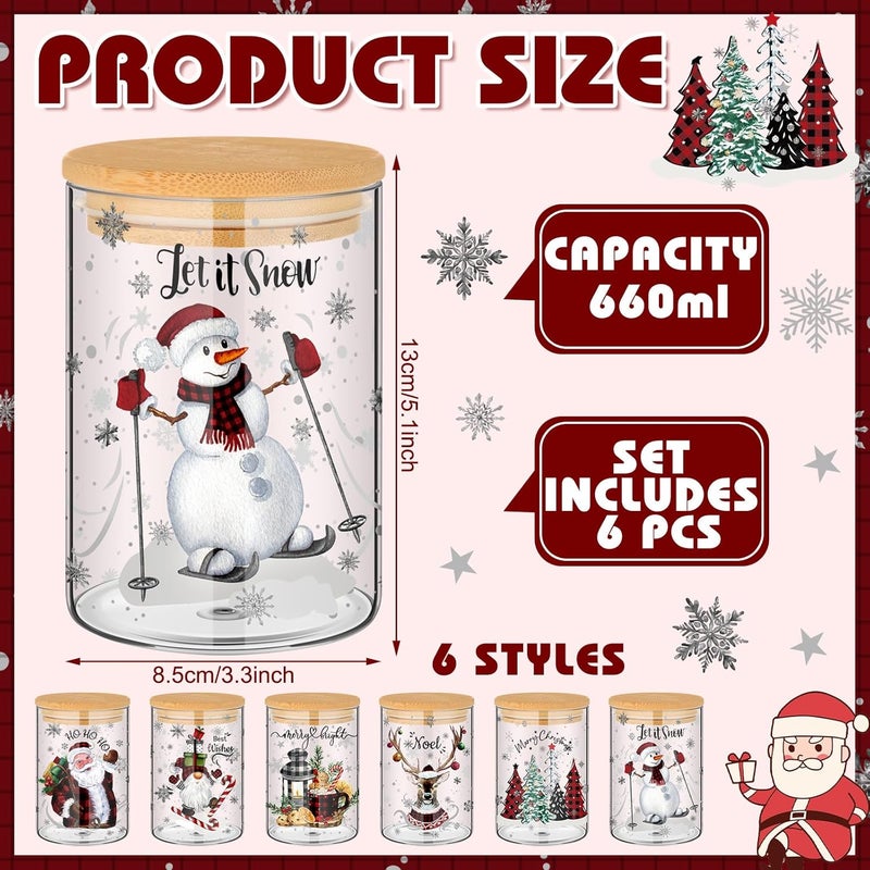 Shellwei 6 Pcs Watercolor Christmas Glass Storage Jar with Airtight Bamboo Lid Santa Claus Canister Sets Christmas Snowman Elk Clear Cookie Candy Storage 19oz for Kitchen Containers Countertop Decor - Image 3